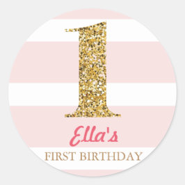 Gold Glitzer & Rosa Streifen Erstgeburtenkleber Runder Aufkleber