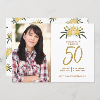 Gold Glitzer Rose & Botanische Blätter 50. Geburts Einladung
