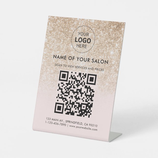 Gold Glitzer Salon Business QR-Code und Logo Sockelschild (Vorderseite)