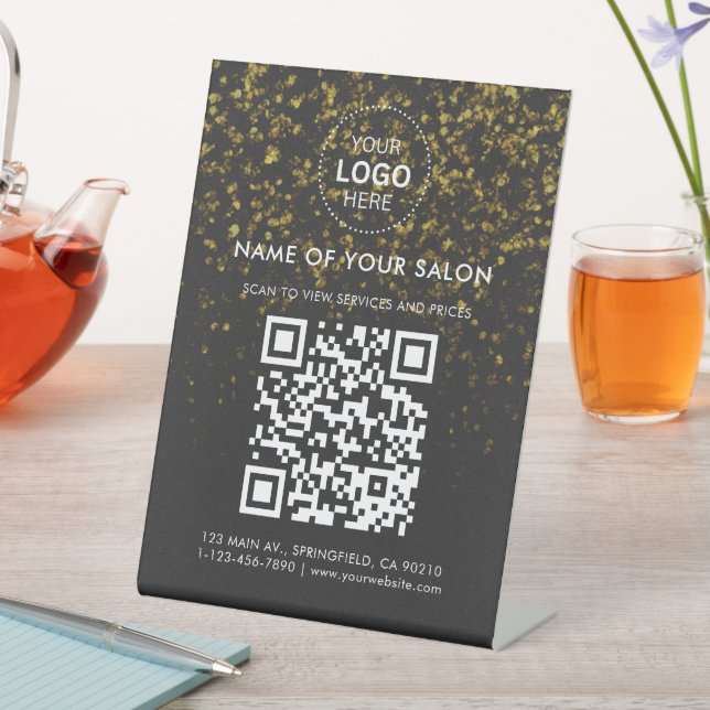 Gold Glitzer Salon Business QR-Code und Logo Sockelschild (In Situ)