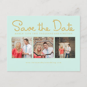 Gold Glitzer Save the Date Minze Script Fotokarten Ankündigungspostkarte