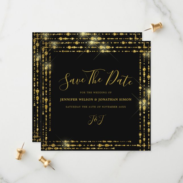 Gold Glitzer Save the Date Schwarze Einladung (Vorderseite/Rückseite Beispiel)