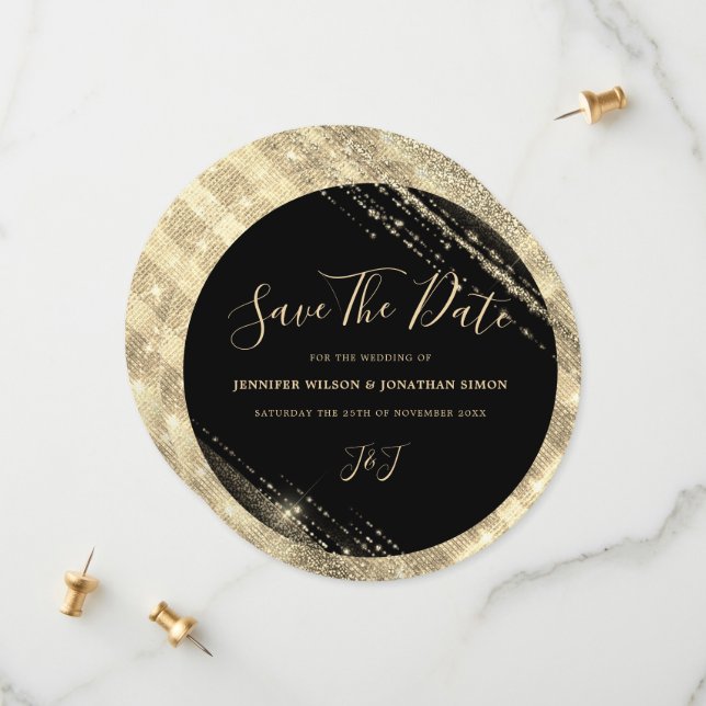 Gold Glitzer Save the Date Schwarze Einladung (Vorderseite/Rückseite Beispiel)