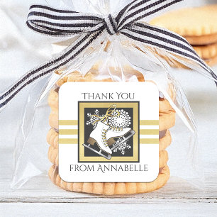 Gold Glitzer Schwarz-weiß Ice Skaten Gastgeschenk Quadratischer Aufkleber