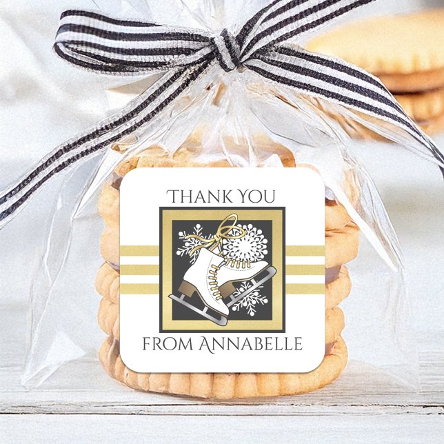 Gold Glitzer Schwarz-weiß Ice Skaten Gastgeschenk Quadratischer Aufkleber (Von Creator hochgeladen)