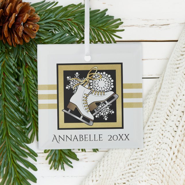 Gold Glitzer Schwarz-weiß Ice Skaten Ornament Aus Glas (Von Creator hochgeladen)