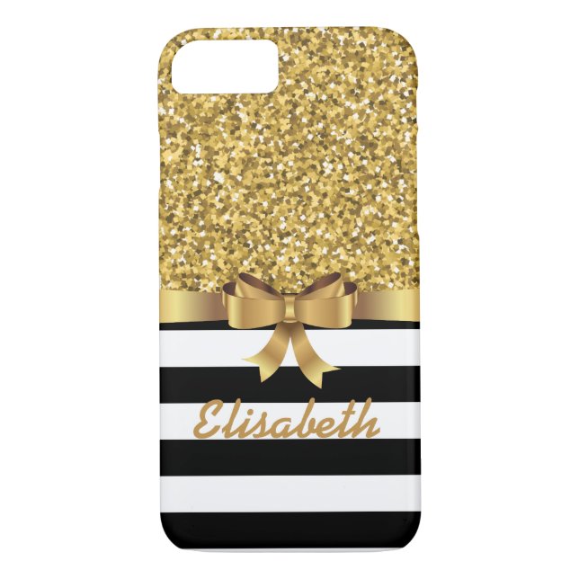 Gold GLITZER Schwarz-weiße Streifen GOLD BOW MONOG Case-Mate iPhone Hülle (Rückseite)