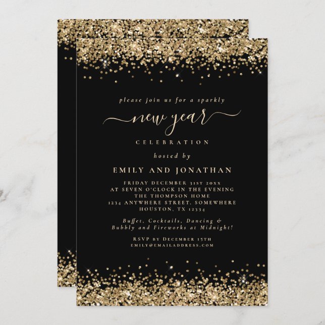 Gold Glitzer Script Black Silvester Party Einladung (Vorne/Hinten)