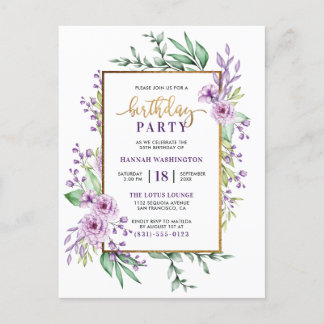Gold Glitzer Script Lila Floral Geburtstagsparty Einladungspostkarte