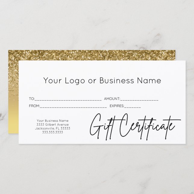 Gold Glitzer Script Logo Geschenkgutschein (Vorne/Hinten)
