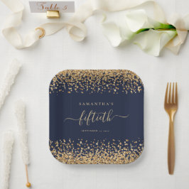 Gold Glitzer Script Navy Blue Glam 50. Party Pappteller