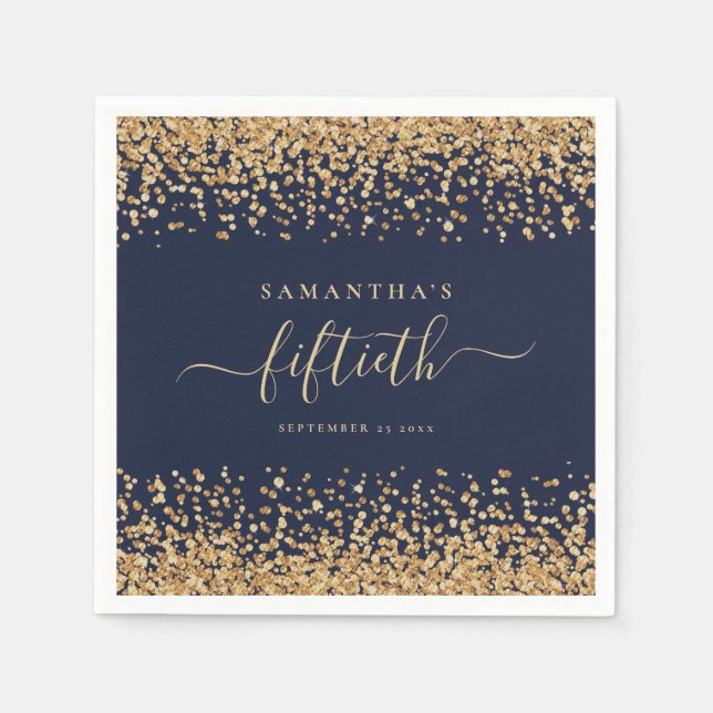 Gold Glitzer Script Navy Blue Glam 50. Party Serviette (Vorderseite)