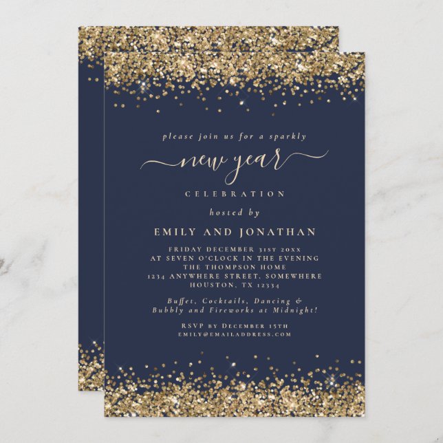 Gold Glitzer Script Navy Blue Silvester Party Einladung (Vorne/Hinten)