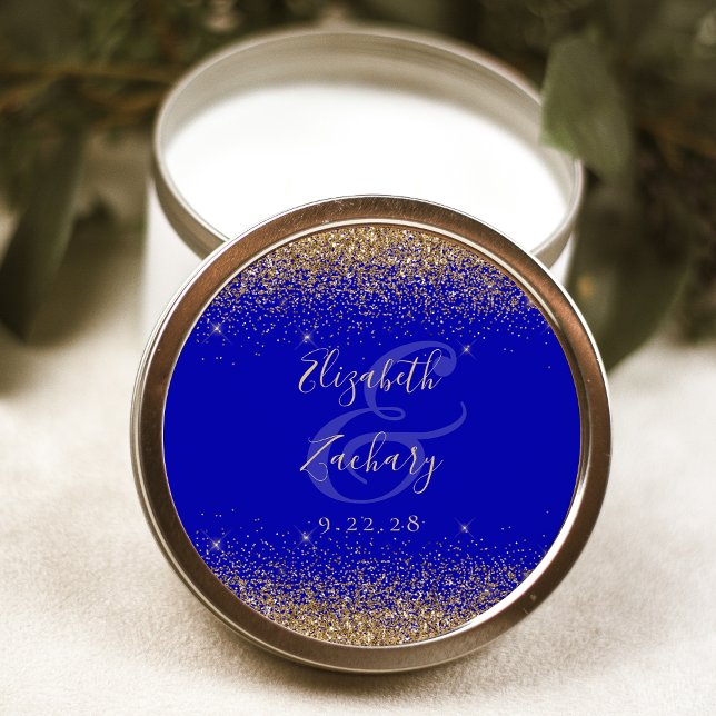 Gold Glitzer Script Royal Blue Wedding Runder Aufkleber (Von Creator hochgeladen)