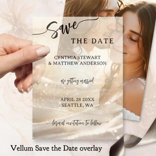 Gold Glitzer Script Save the Date (Elegant vellum wedding Save the Date overlay featuring a script text on gold glitter sparkles)