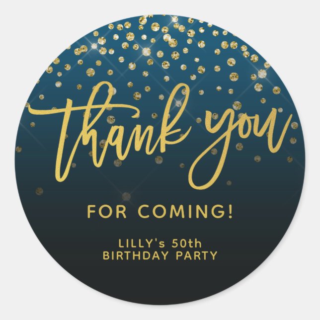 Gold Glitzer Script Vielen Dank für Ihr Kommen Blu Runder Aufkleber (Vorderseite)