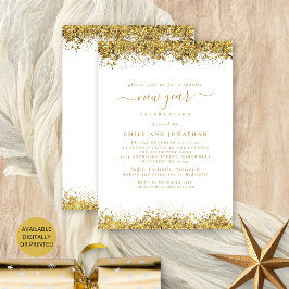 Gold Glitzer Script White Silvester Party Einladung