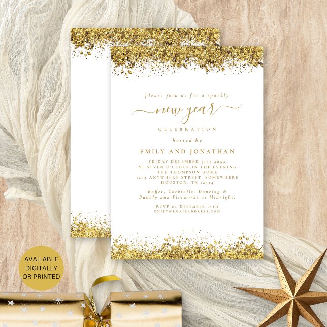 Gold Glitzer Script White Silvester Party Einladung (Front and back view. Available digitally or printed.)