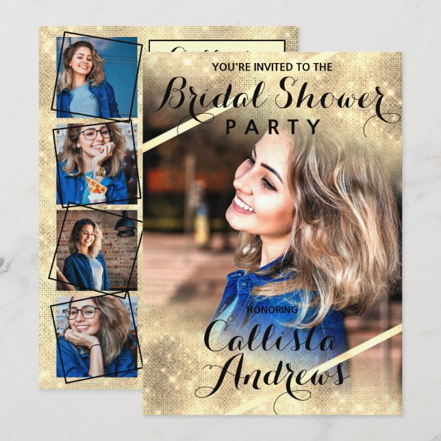 Gold Glitzer Sequins Corners Foto Brautparty Einladung (Vorne/Hinten)