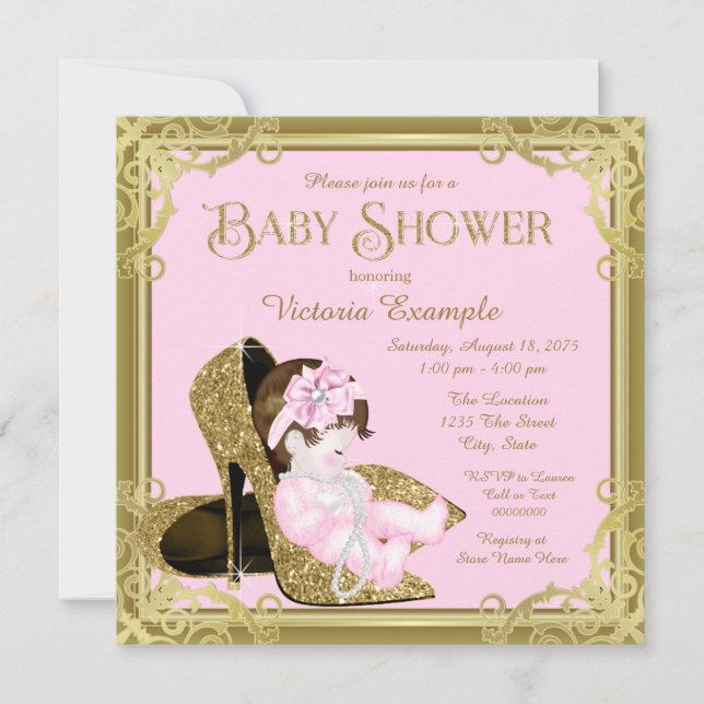 Gold Glitzer Showpink und Gold Baby Dusche Einladung (Vorderseite)