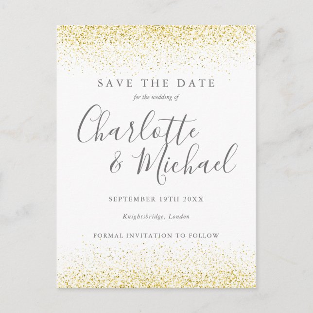 Gold Glitzer Signature Wedding Save the Date Card Ankündigungspostkarte (Vorderseite)