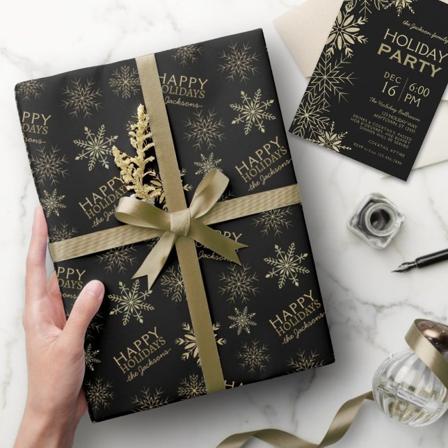 Gold Glitzer Snowflakes Happy Holidays Name Black Geschenkpapier (Von Creator hochgeladen)