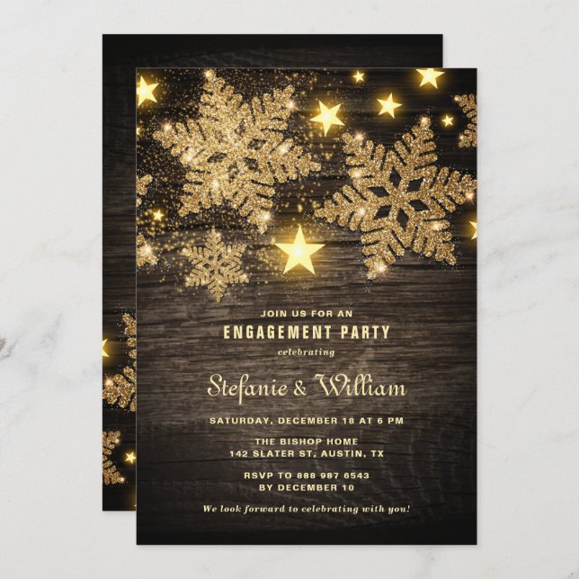 Gold Glitzer Snowflakes Rustikale Engagement Parte Einladung (Vorne/Hinten)