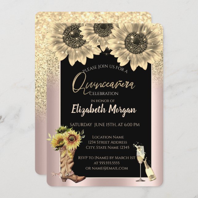 Gold Glitzer Sonnenblumen, Rose Gold Quinceanera Einladung (Vorne/Hinten)