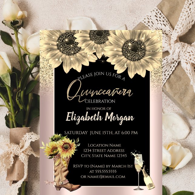Gold Glitzer Sonnenblumen, Rose Gold Quinceanera Einladung (Von Creator hochgeladen)