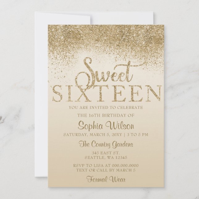 Gold Glitzer Sparkle Sweet 16 Geburtstag Einladung (Vorderseite)