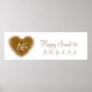Gold Glitzer Spill Sweet 16 Heart Party Banner Poster