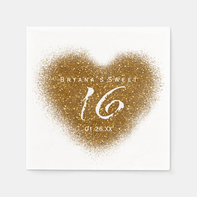 Gold Glitzer Spill Sweet 16 Heart Party Napkins Serviette (Vorderseite)