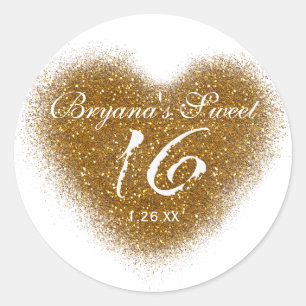 Gold Glitzer Spill Sweet 16 Heart Party Stickers
