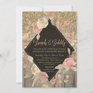 Gold Glitzer Stall Holz Blumenbrunch & Bubbly Einladung