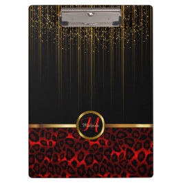 Gold Glitzer Starlights & Red Leopard Skin Design Klemmbrett