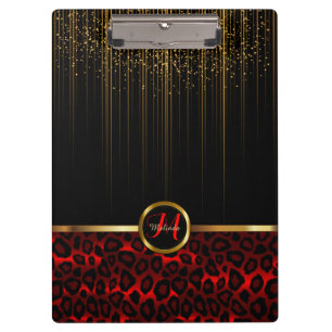 Gold Glitzer Starlights & Red Leopard Skin Design Klemmbrett