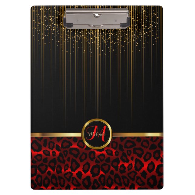 Gold Glitzer Starlights & Red Leopard Skin Design Klemmbrett (Vorderseite)