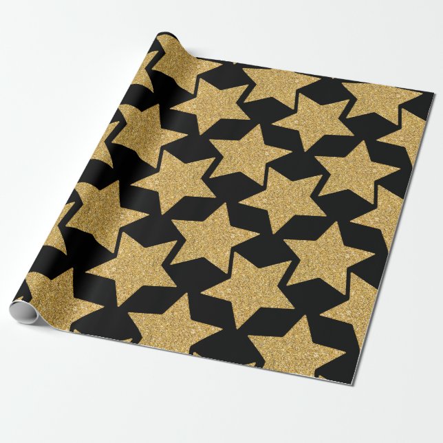 Gold Glitzer Stars auf Black Geschenkpapier (Ungerollt)