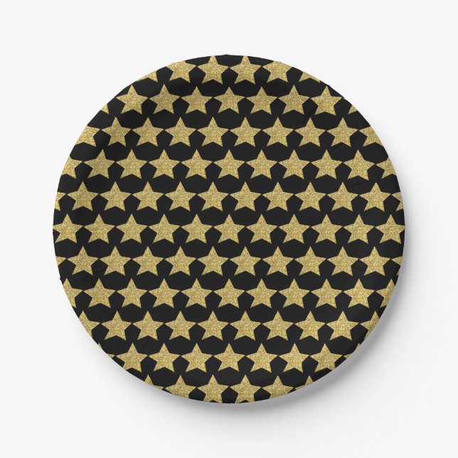 Gold Glitzer Stars Black Pappteller (Vorderseite)