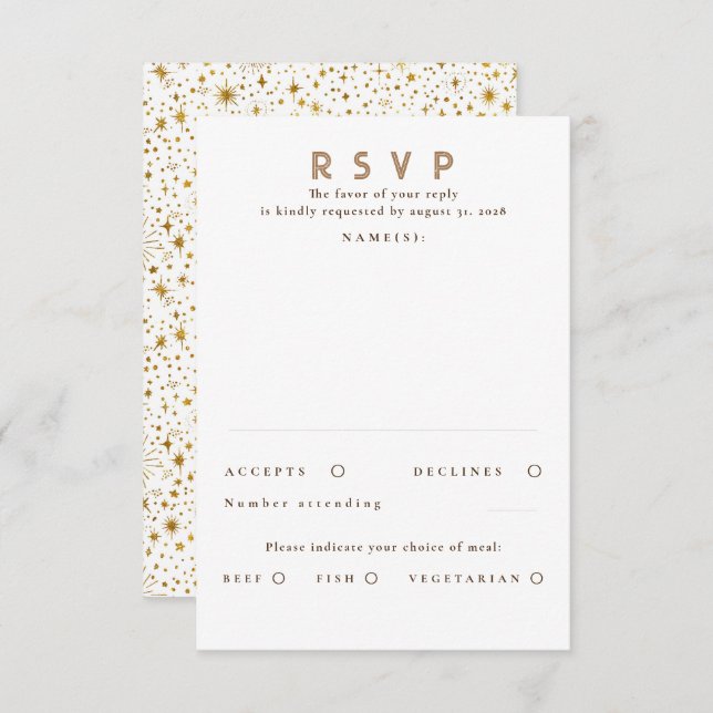 Gold Glitzer Stars Modernes Hochzeitsszenario RSVP Karte (Vorne/Hinten)