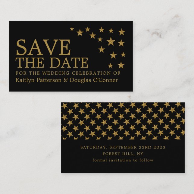 Gold-Glitzer-Stars, Save the Date Visitenkarte (Vorne/Hinten)