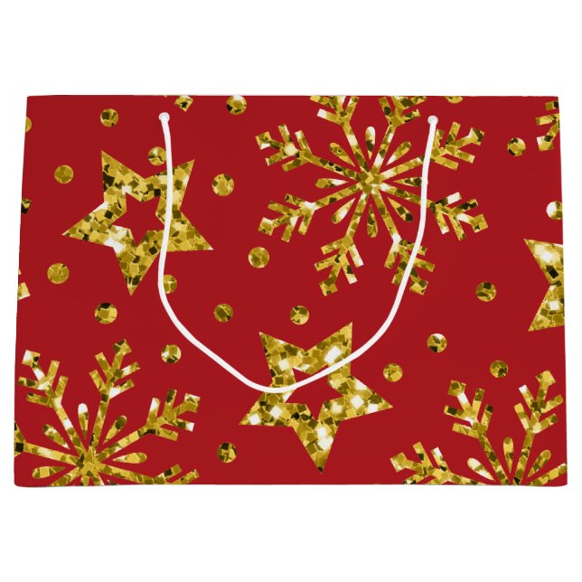 Gold Glitzer Stars & Schneeflocken Große Geschenktüte (Vorderseite)