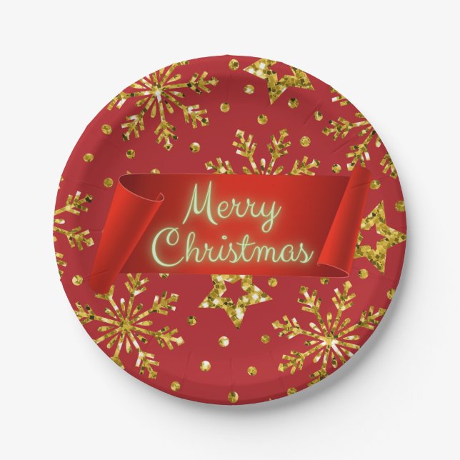 Gold Glitzer Stars & Schneeflocken Pappteller (Vorderseite)