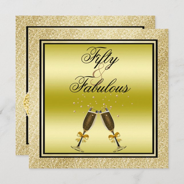 Gold Glitzer Stiletto & Champagne Fabulous 50 Einladung (Vorne/Hinten)