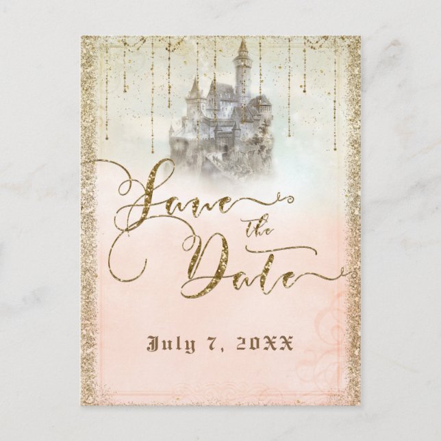 Gold Glitzer Storybook Burg Save the Date Ankündigungspostkarte (Vorderseite)