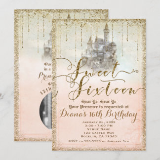 Gold Glitzer Storybook Burg Sweet 16 Foto Party Einladung
