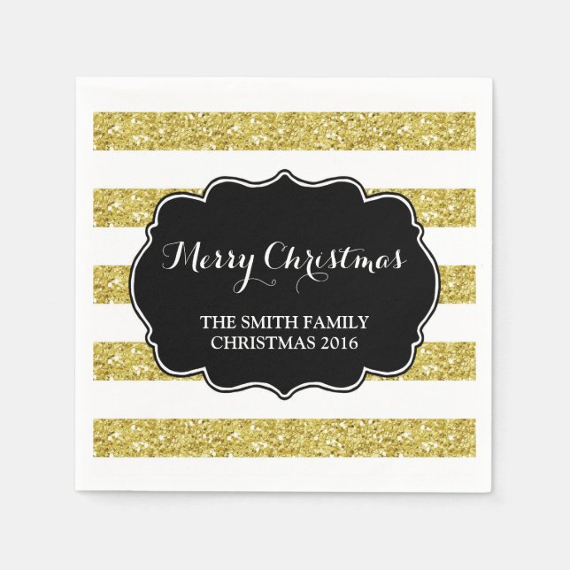 Gold Glitzer Stripes Frohe Weihnachten Napkin Serviette (Vorderseite)
