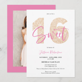 Gold Glitzer Sweet 16 Girly Script Foto Geburtstag Einladung