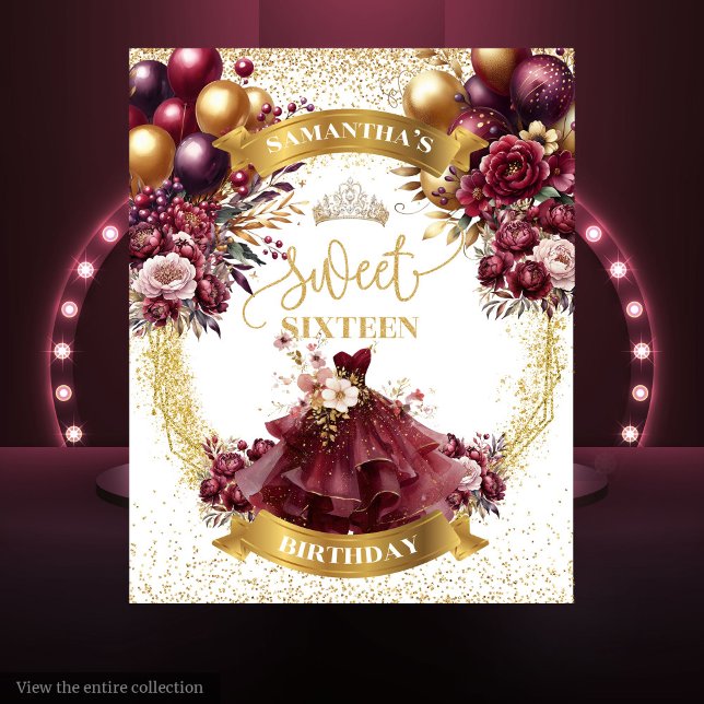 Gold Glitzer Sweet 16 Hintergrund Burgundy Blume Wandteppich (Gold Glitter Sweet 16 Backdrop Burgundy Flowers)