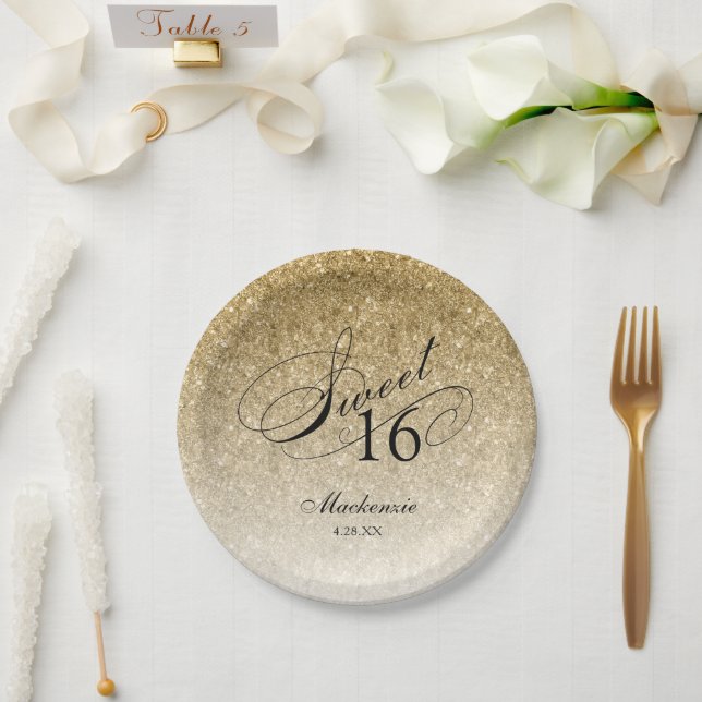Gold Glitzer Sweet 16 Personalisiert Pappteller (Hochzeit)